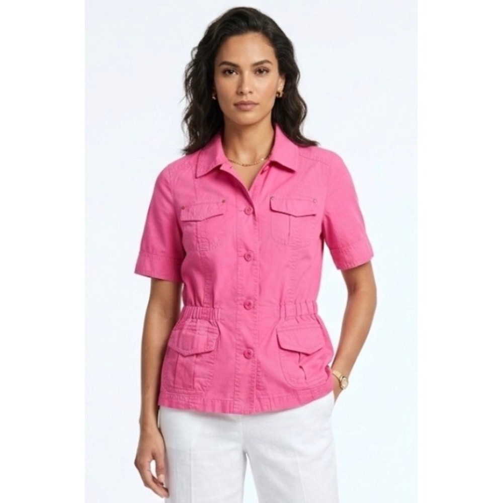 Chicos Pink Short Sleeve Utility Shirt Jacket Cinched Waist Cargo Pockets Size 1